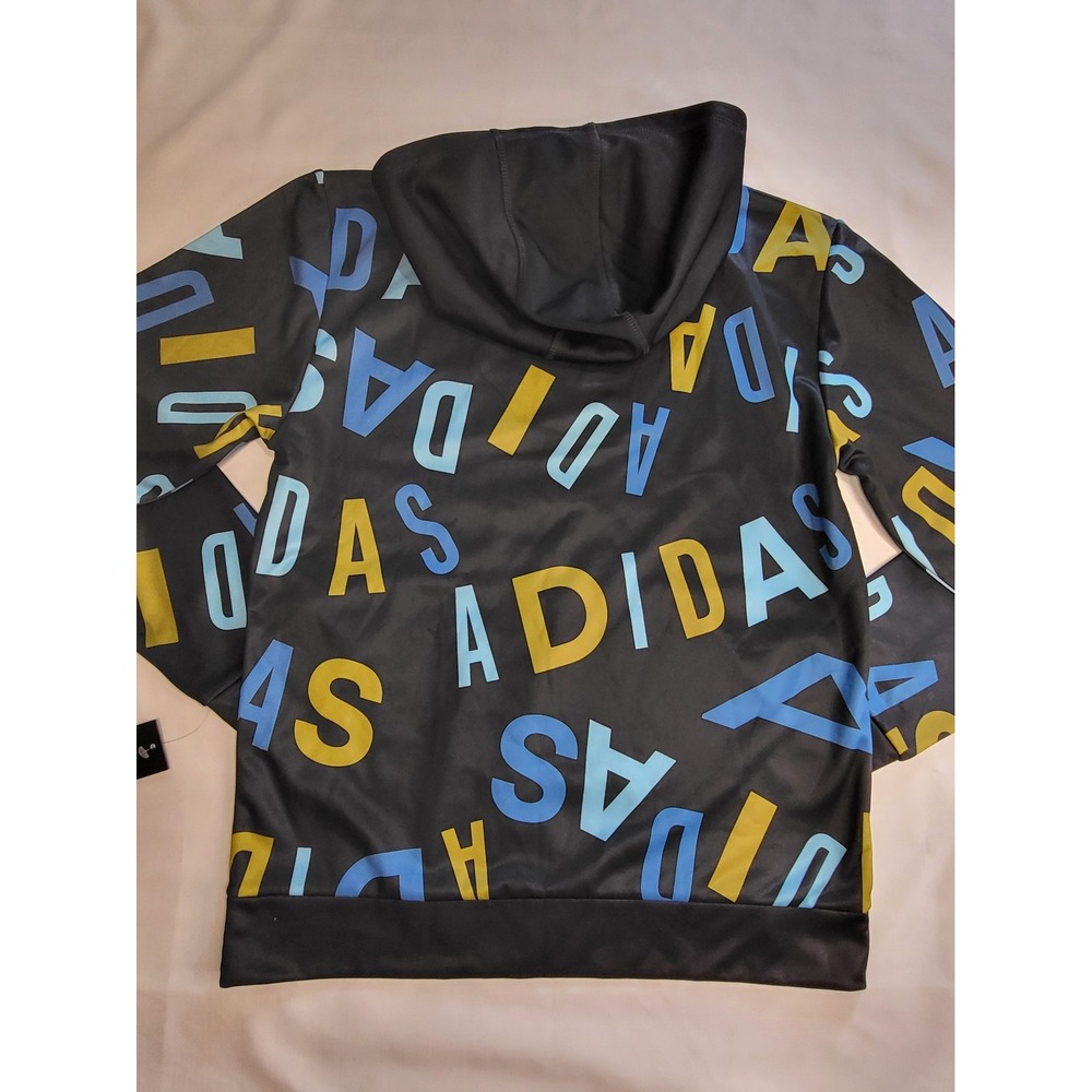 Adidas Boys XL 18/20 Hoodie Black Blue Yellow All Over Logo Print AA7642 NEW - Picture 7 of 8